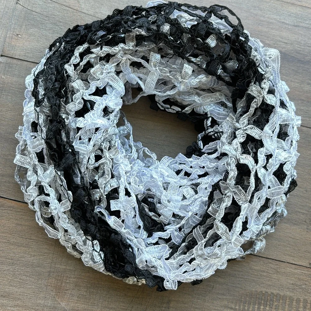 Black and white silk crocheted circle scarf